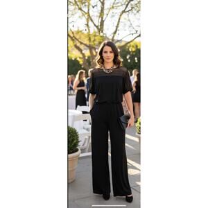 Black Pant Cold Shoulder‎ Jumpsuit Fishnet Neckline Pockets XL See Measurements